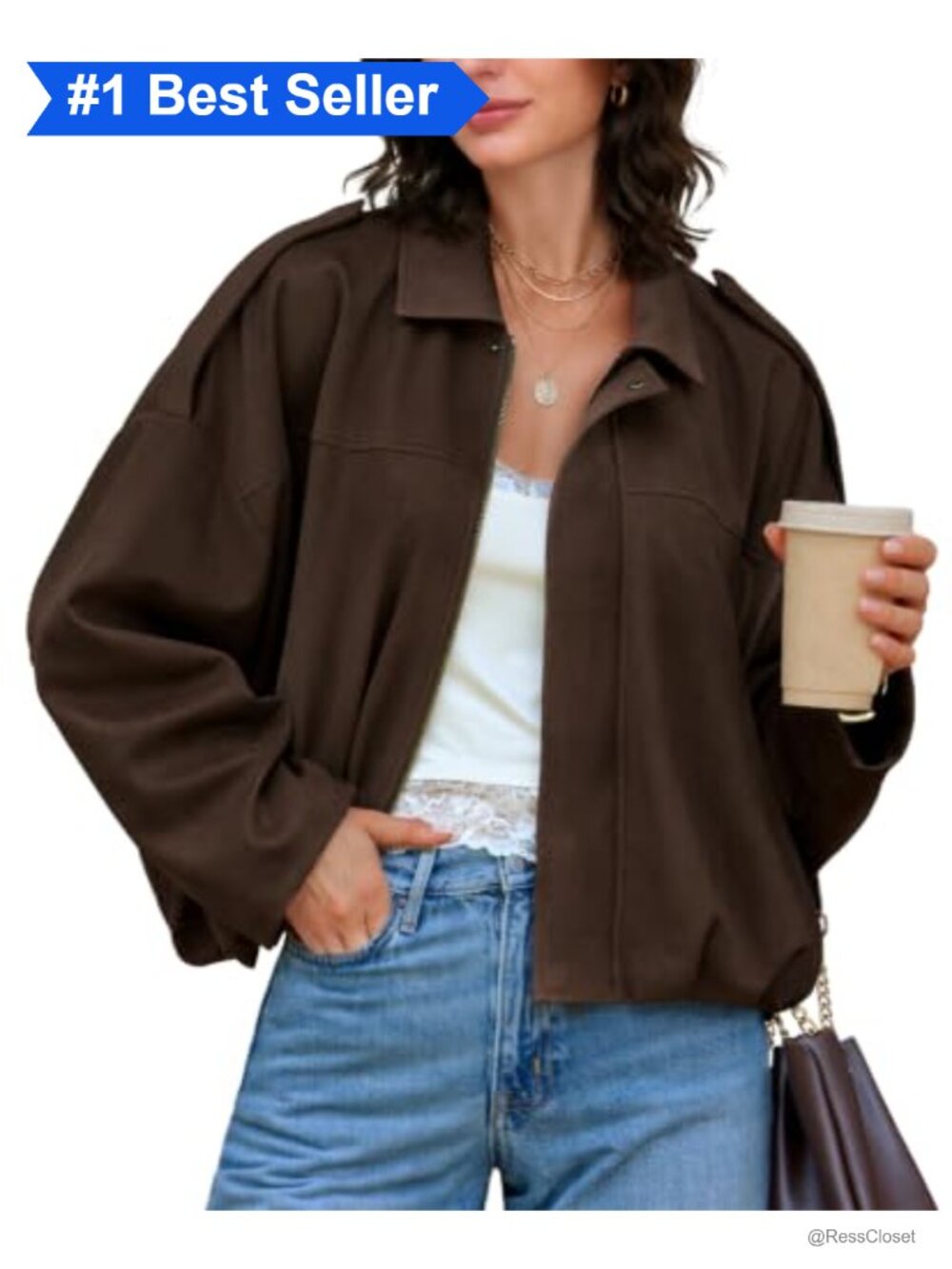Faux Suede Bomber Jacket Oversized Zip Up Crop Fall Coat